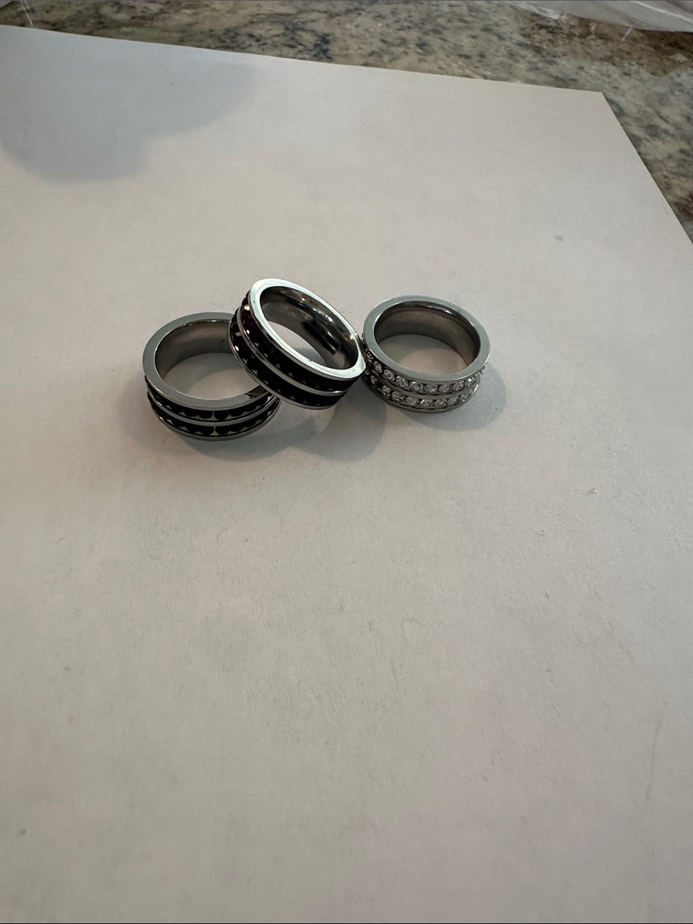 Three-Piece Stainless Steel Ring Set in Black, Purple and Crystal Size 8